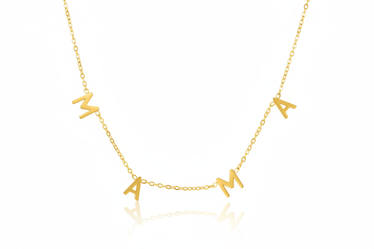 Silver necklace with 'MAMA' letters on a white background