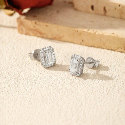 Moissanite S925 Sterling Silver Emerald Cut Geometric Pattern Rectangular Earrings For Women French Retro Rhodium Plated High-end Earrings