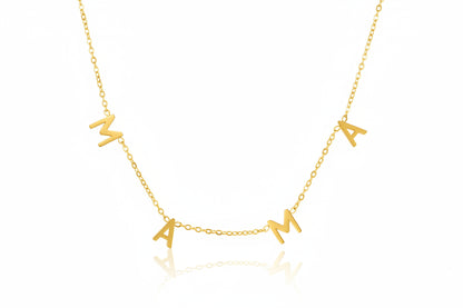 Silver necklace with 'MAMA' letters on a white background